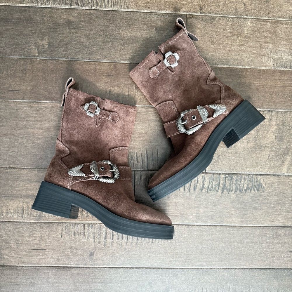 NEW Larroude Hardy Buckle Boot Suede Leather Western Cowboy Brown 5 Java